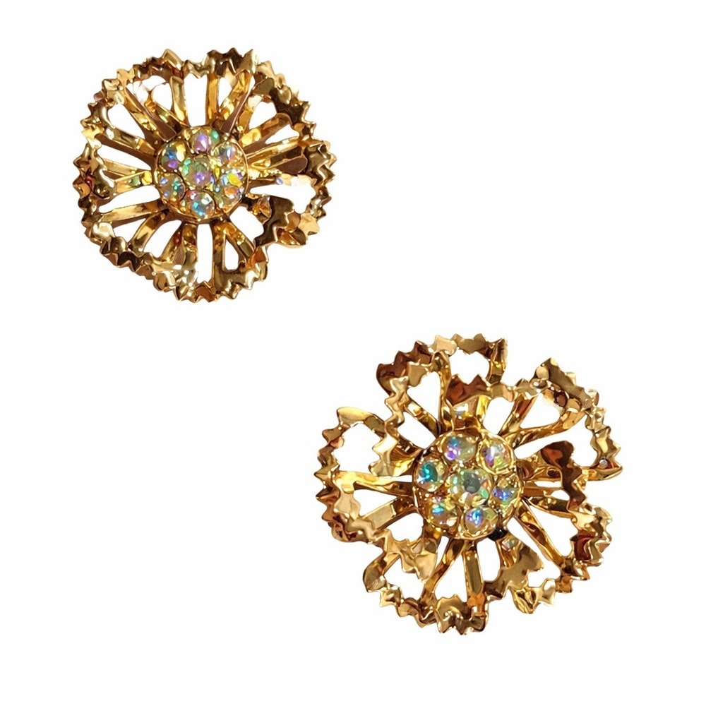 Vintage Sarah Coventry Gold Tone and Aurora Borealis Rhinestone Clip On Earrings - Picture 1 of 4